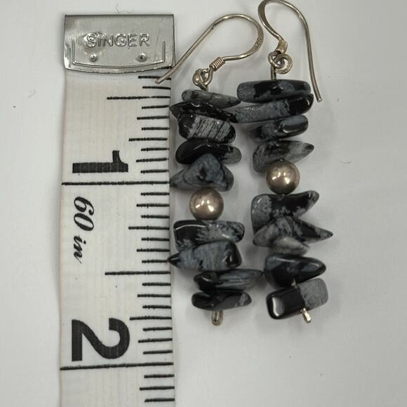 Handmade sterling silver snowflake obsidian chip earrings - Picture 4 of 4